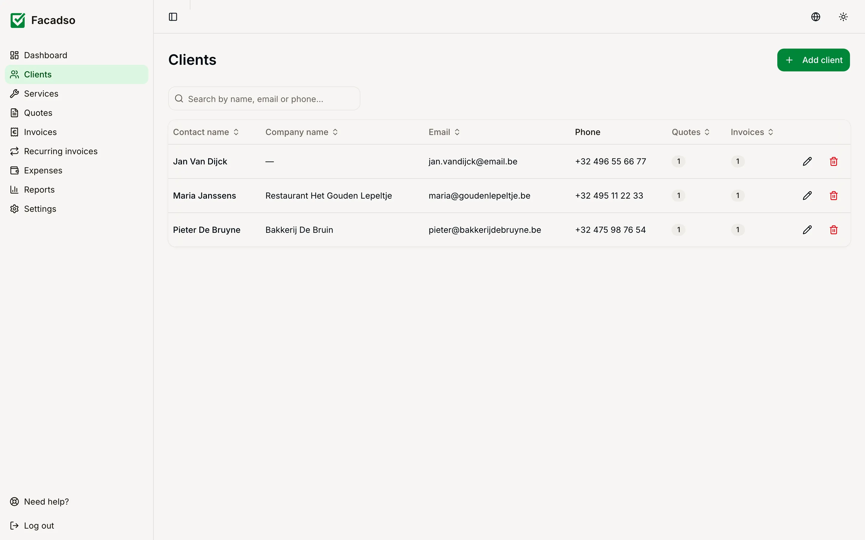 Client list with contact details
