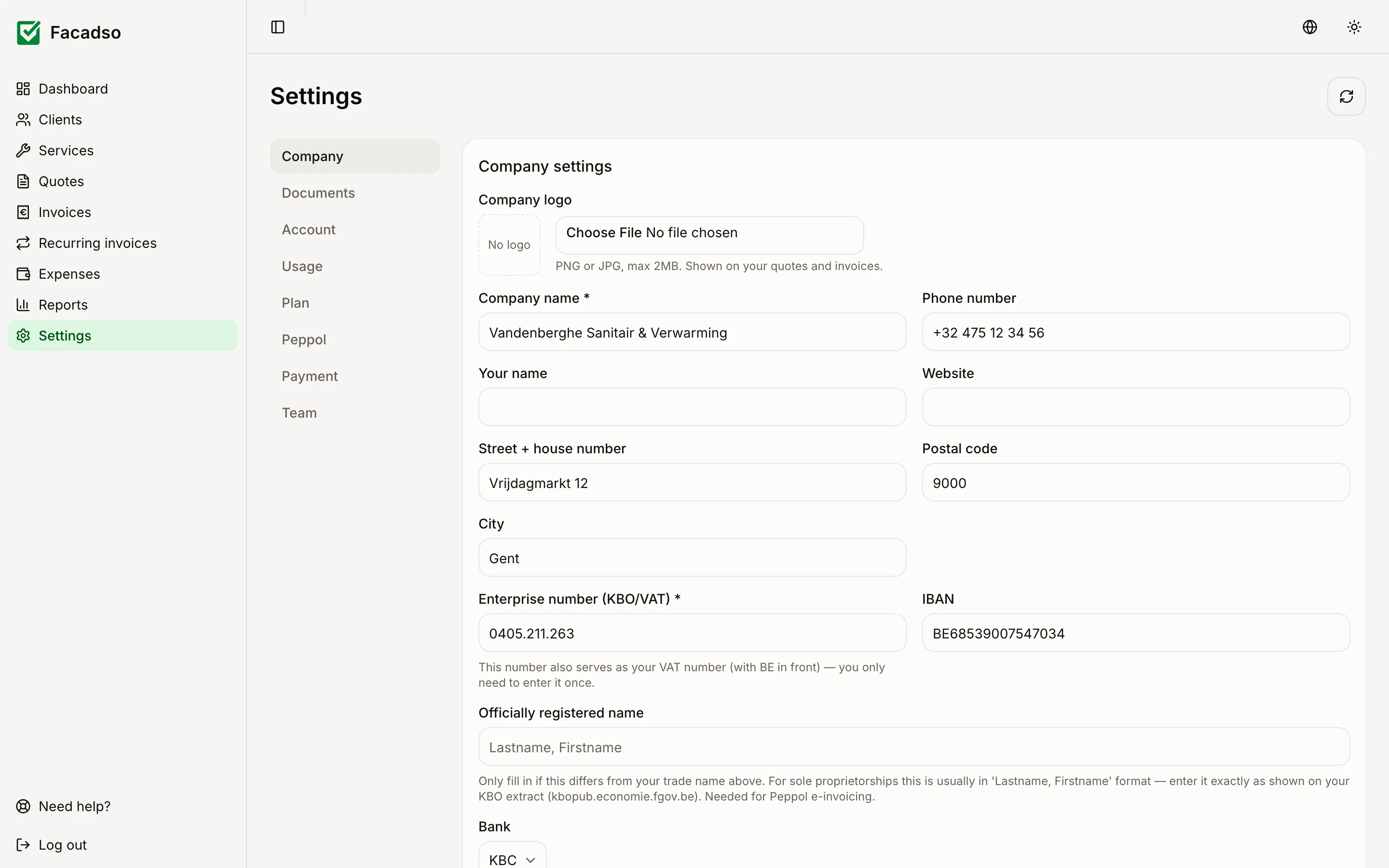 Company details, VAT number and IBAN
