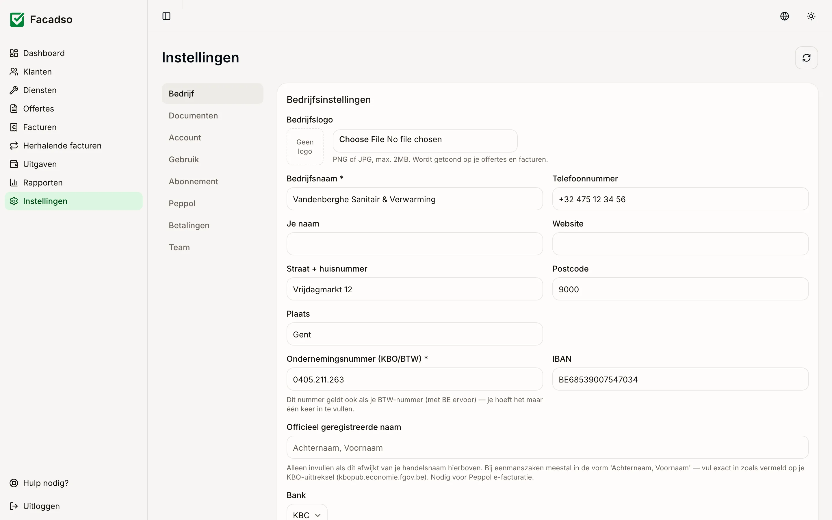 Bedrijfsgegevens, btw-nummer en IBAN